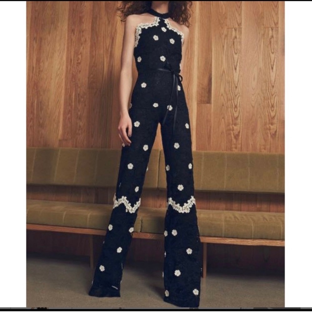 Alexis Black Lace Halter Jumpsuit White Floral Embroidery Wide Leg XS